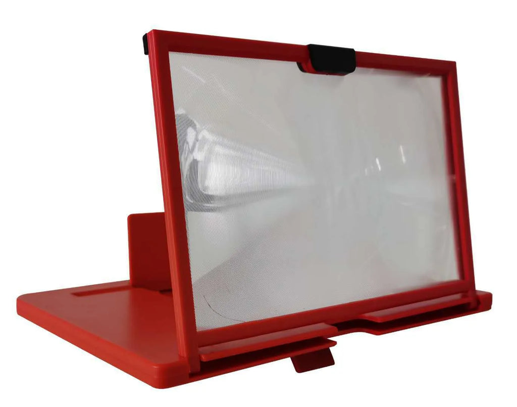 Red 10-inch desktop mobile phone screen magnifier and holder bracket on a wooden desk.