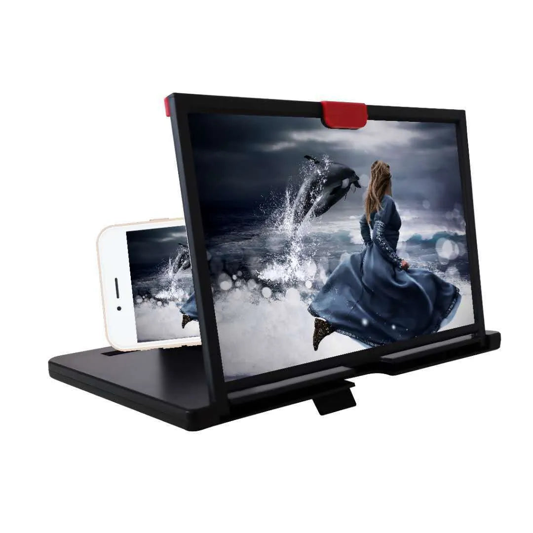 Red 10-inch desktop mobile phone screen magnifier and holder bracket on a wooden desk.