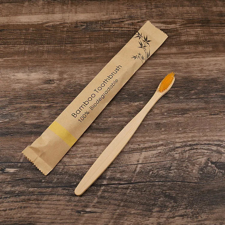 10 natural bamboo toothbrushes with charcoal bristles in white yellow purple grey green black colours