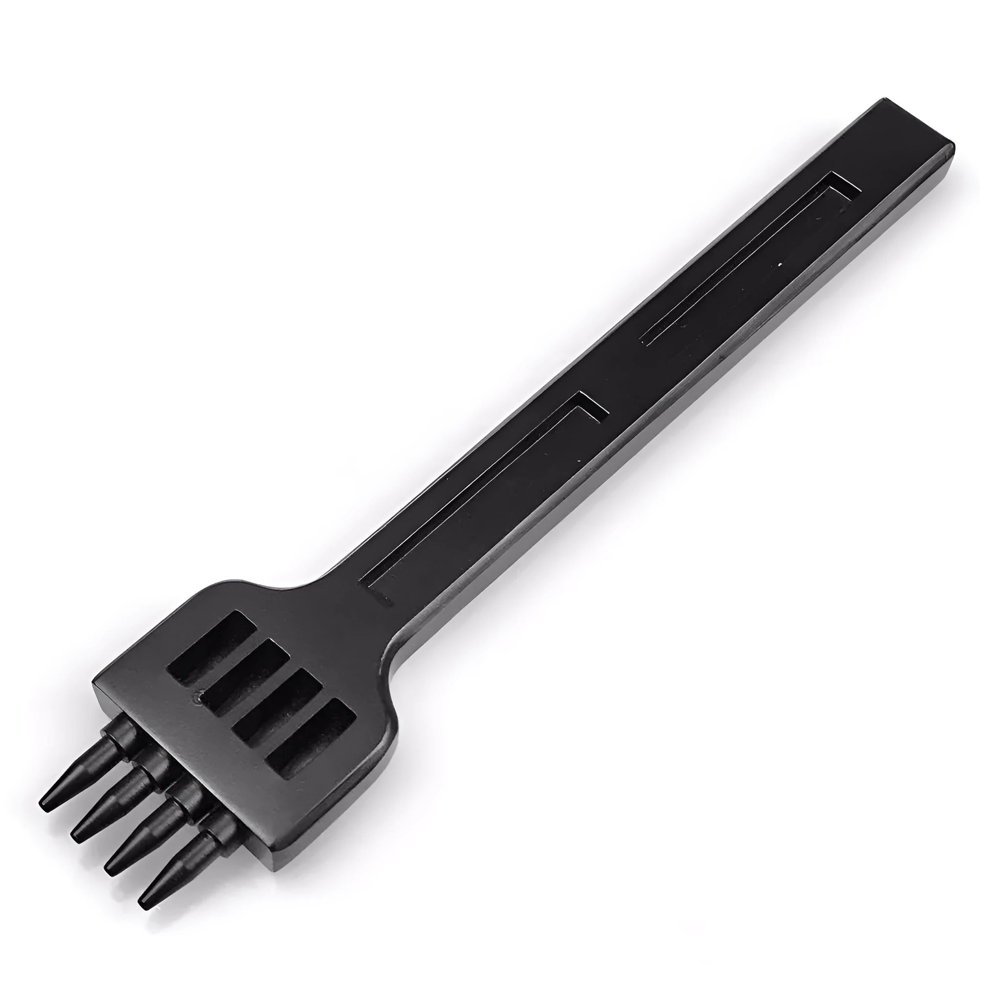 Black leather round hole punch tool showing 4mm spaced teeth for manual leather crafting