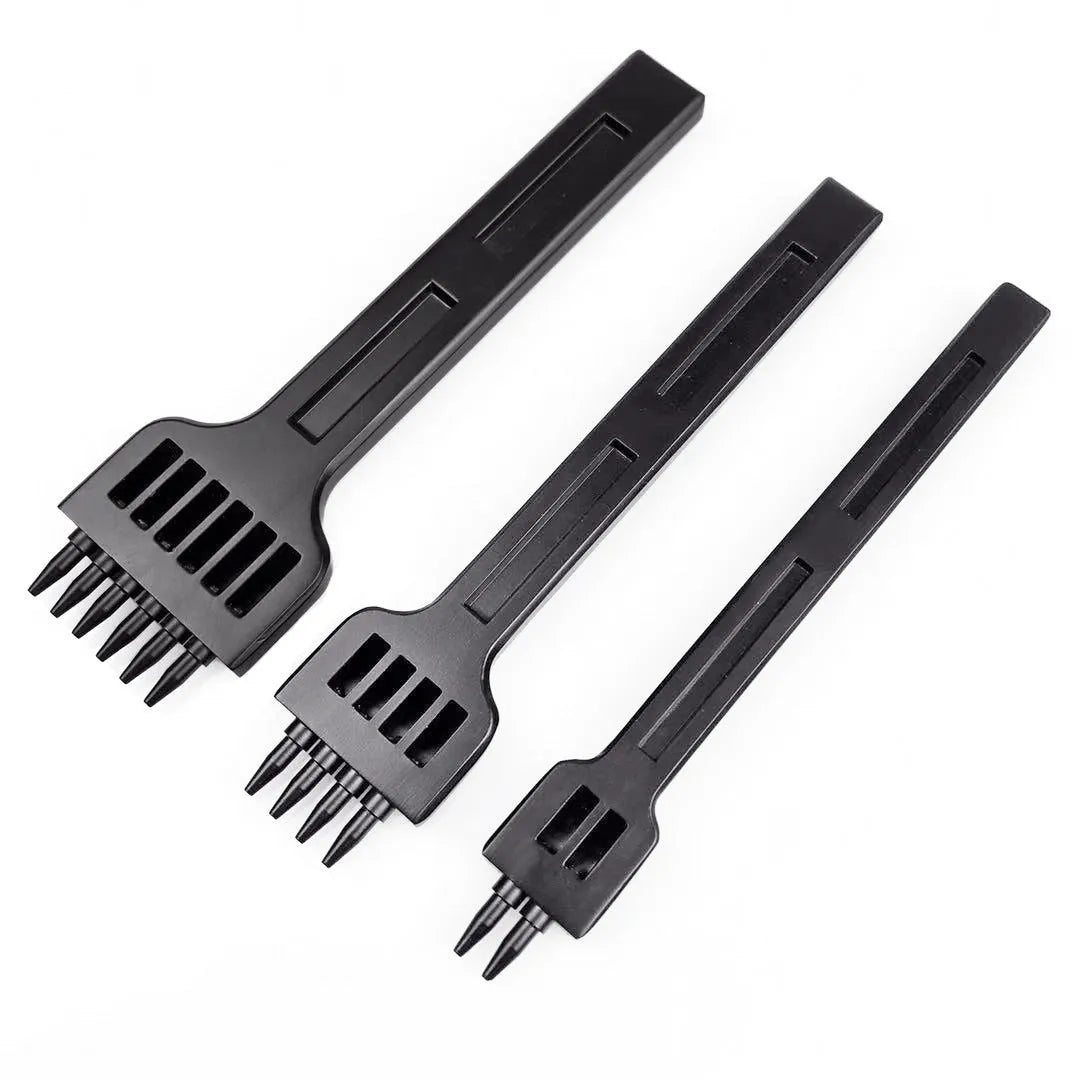 Black leather round hole punch tool showing 4mm spaced teeth for manual leather crafting