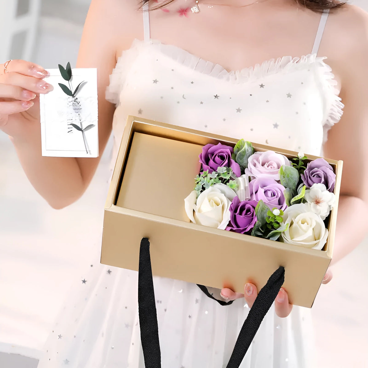 Soap flower rose gift box with golden box and greeting card in red, pink or purple