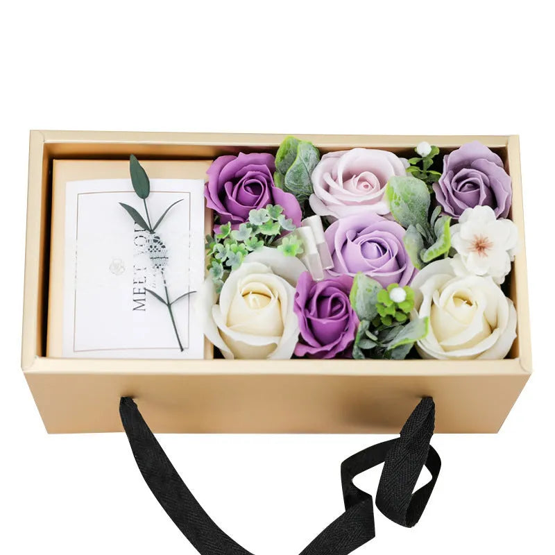 Soap flower rose gift box with golden box and greeting card in red, pink or purple