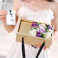 Soap flower rose gift box with golden box and greeting card in red, pink or purple