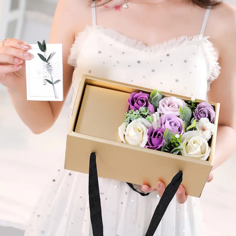 Soap flower rose gift box with golden box and greeting card in red, pink or purple