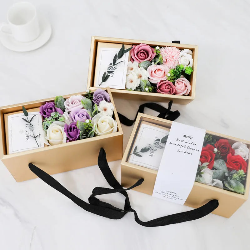 Soap flower rose gift box with golden box and greeting card in red, pink or purple