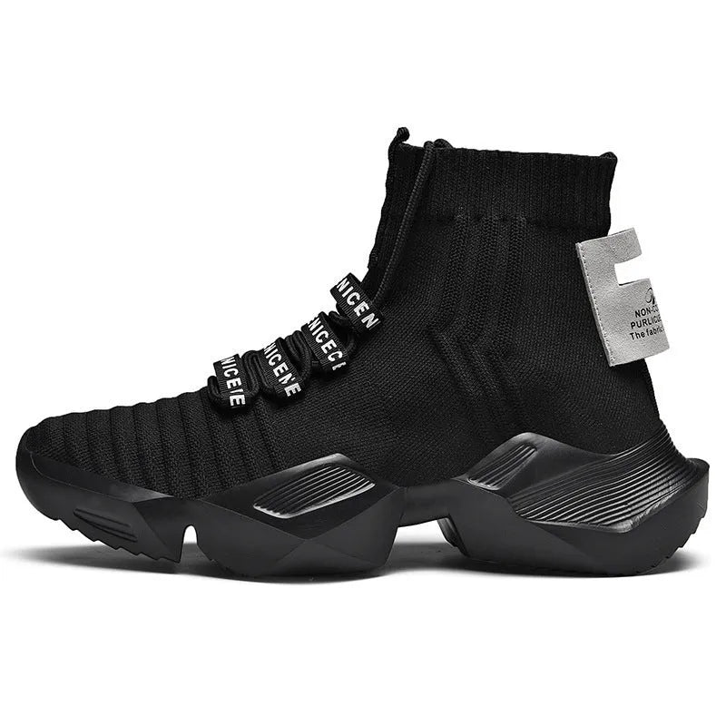 Men's black and white casual sports shoes with mesh lining, shown in large sizes.