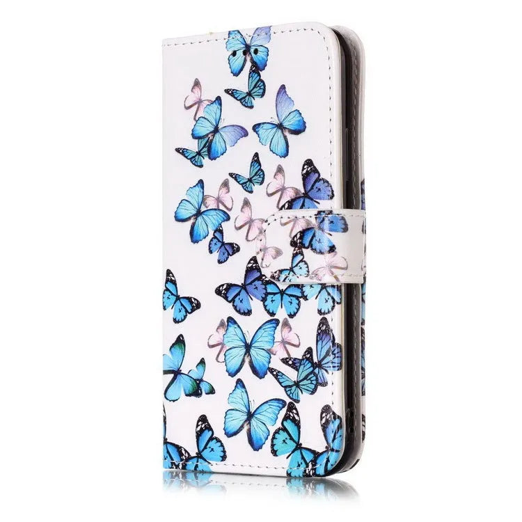 Cartoon marble animal pattern flip wallet phone case for iPhone in PU leather style.