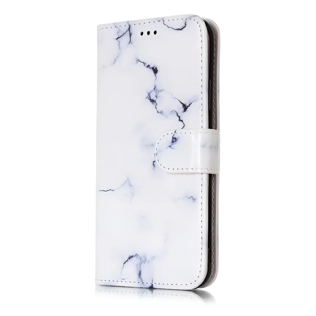 Cartoon marble animal pattern flip wallet phone case for iPhone in PU leather style.