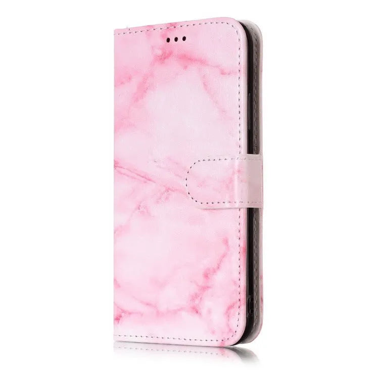 Cartoon marble animal pattern flip wallet phone case for iPhone in PU leather style.