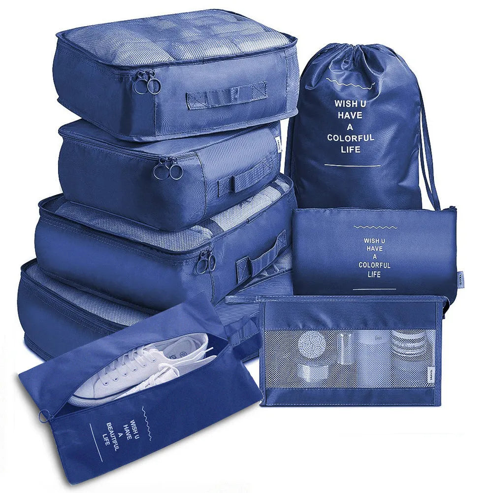 8-piece set of nylon packing cubes in various colours for travel storage of clothes, shoes, and toiletries