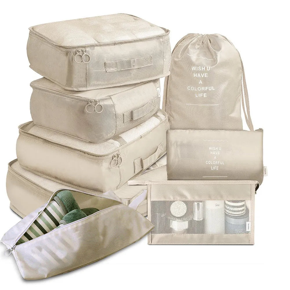 8-piece set of nylon packing cubes in various colours for travel storage of clothes, shoes, and toiletries