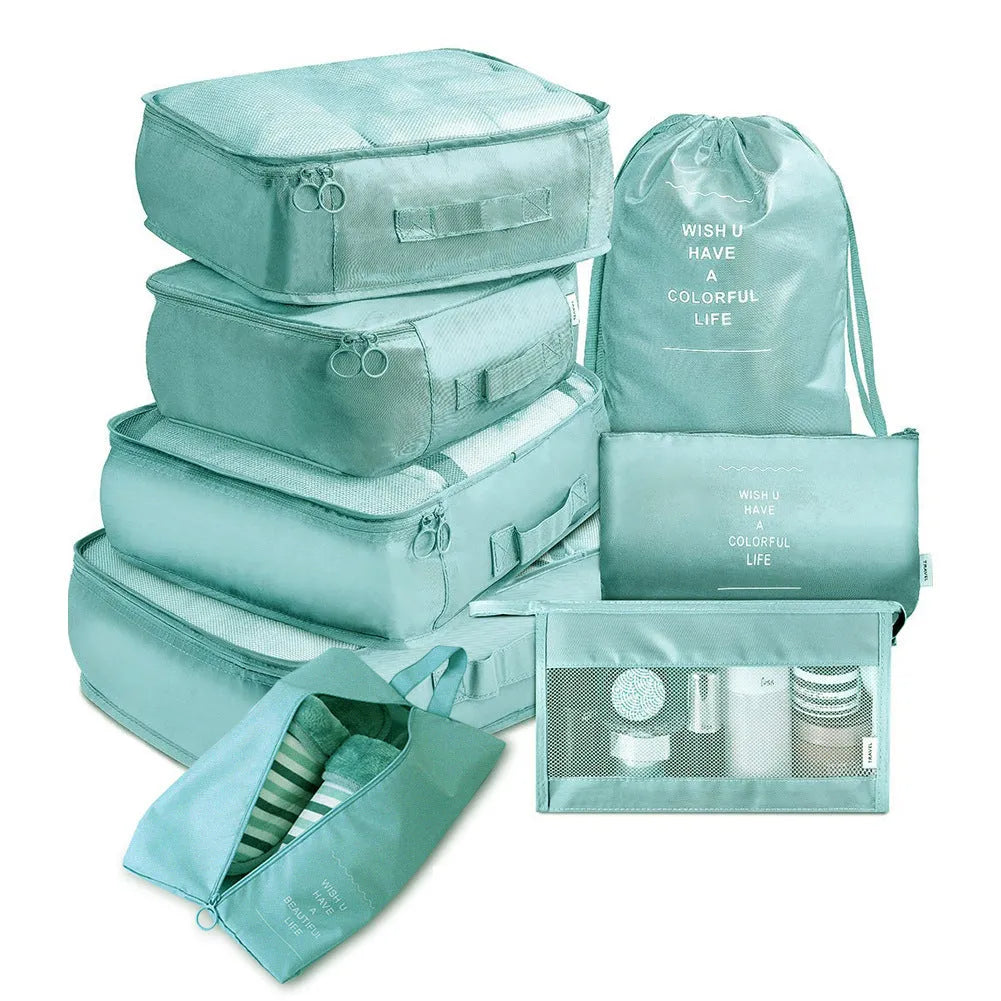 8-piece set of nylon packing cubes in various colours for travel storage of clothes, shoes, and toiletries