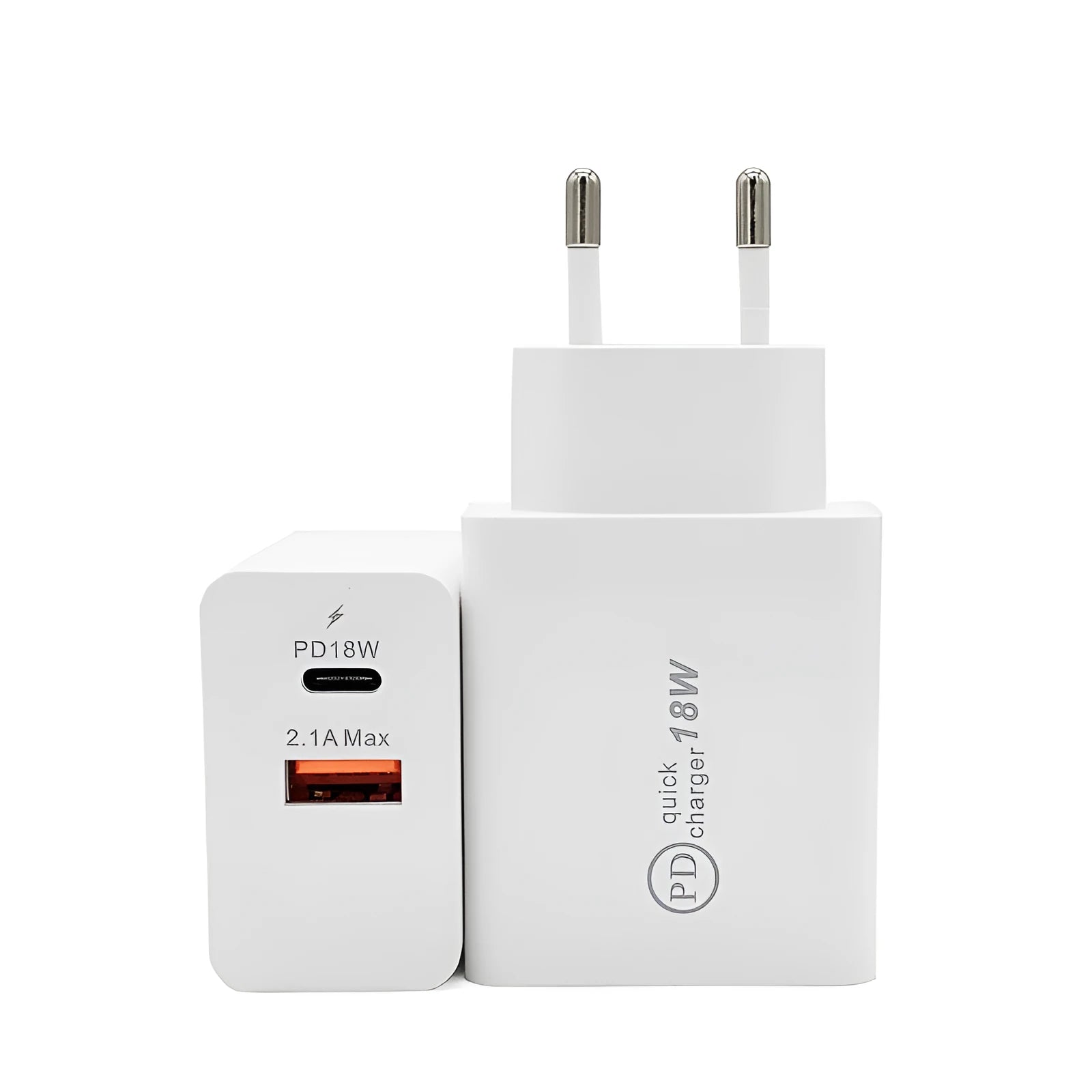Compact white 18W USB-C fast wall charger with UK plug on a wooden table