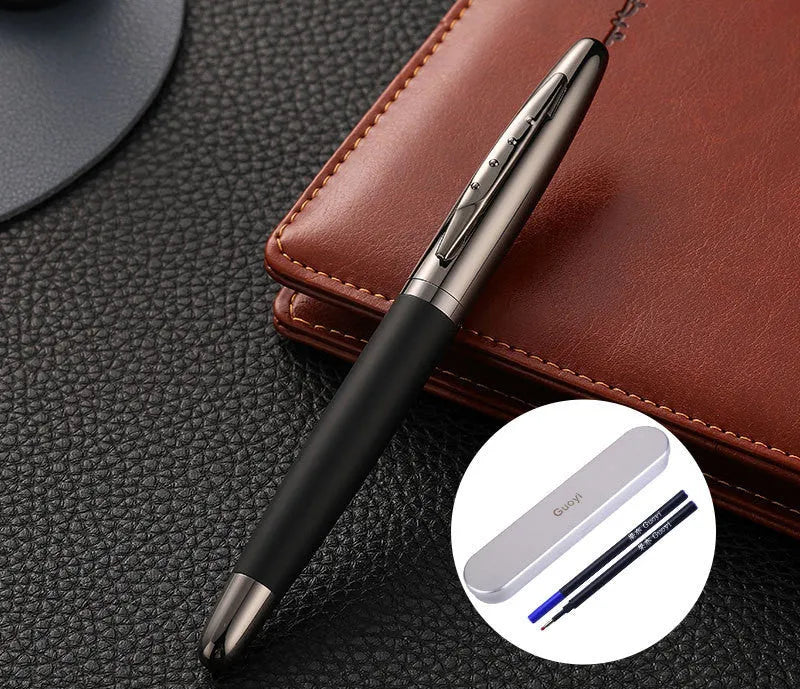 Heavy metal signature pen with non-slip grip and blue ink refill on a desk surface