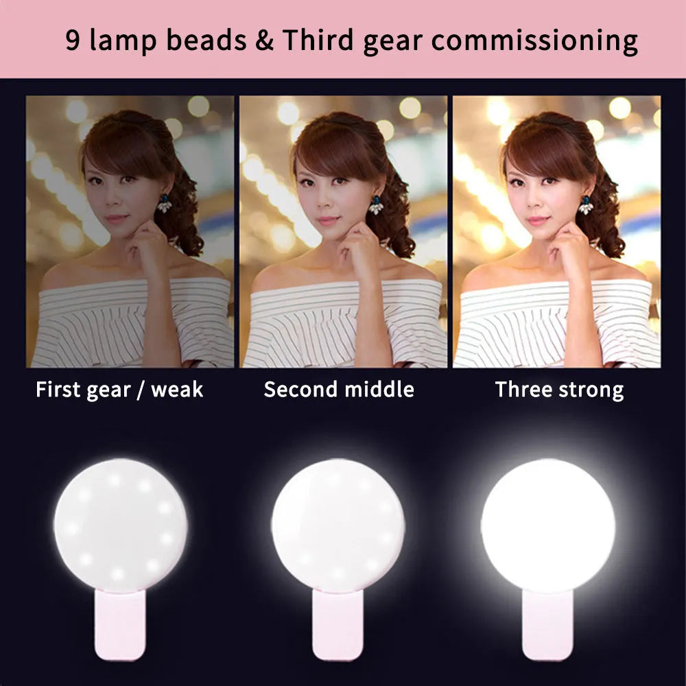 Round LED mini fill light for mobile phone selfies with clip attachment in multiple colours