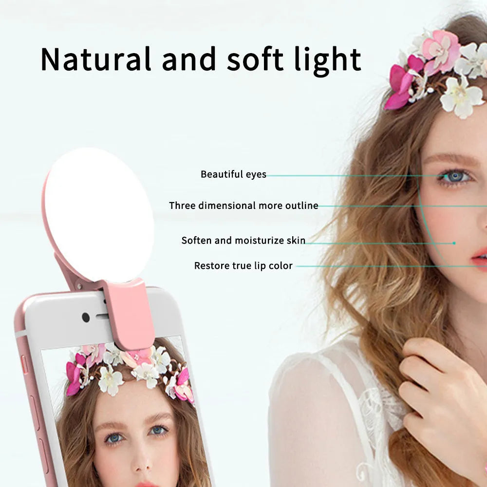 Round LED mini fill light for mobile phone selfies with clip attachment in multiple colours