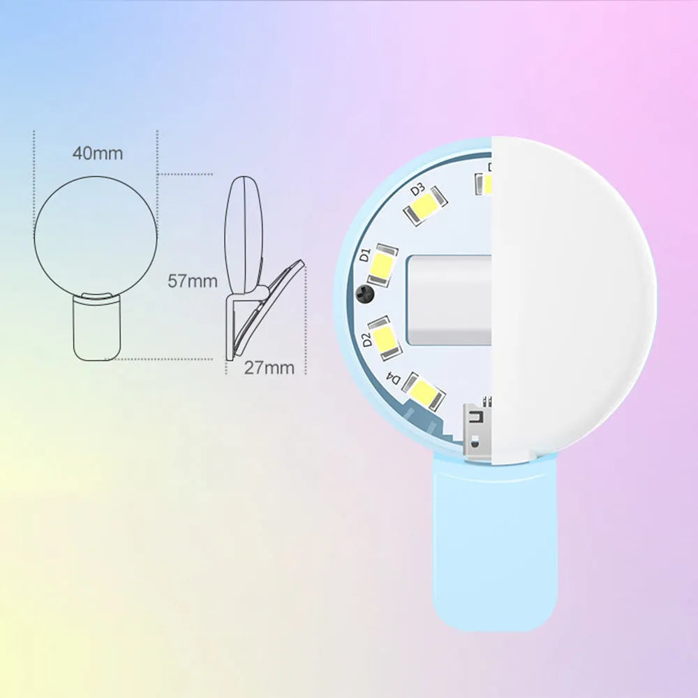 Round LED mini fill light for mobile phone selfies with clip attachment in multiple colours