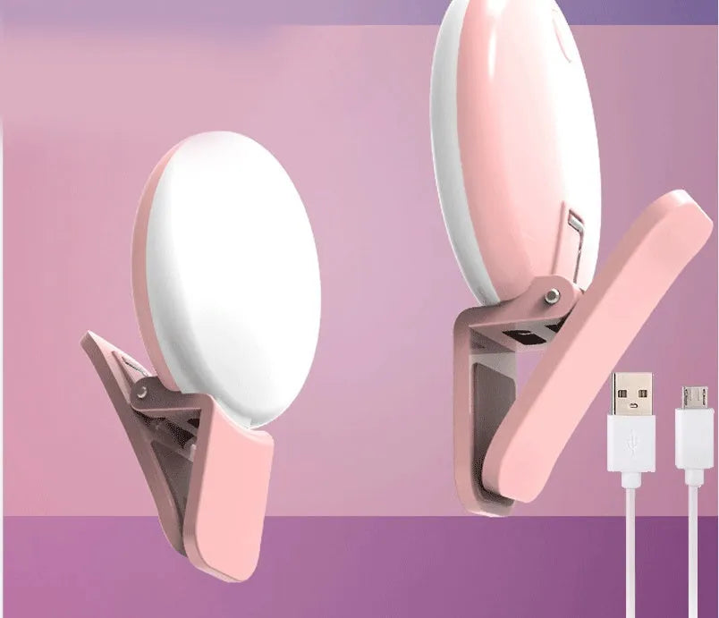 Round LED mini fill light for mobile phone selfies with clip attachment in multiple colours