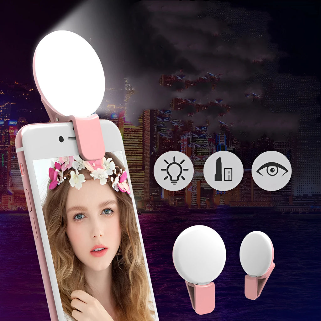 Round LED mini fill light for mobile phone selfies with clip attachment in multiple colours