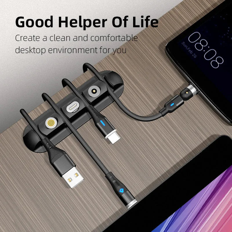 Black soft plastic desktop magnetic cable organiser and charging base stand