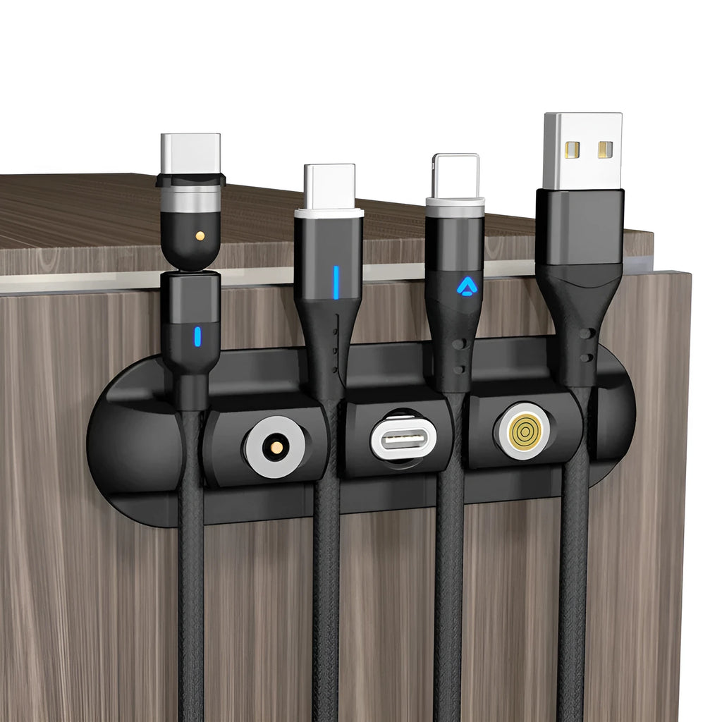 Black soft plastic desktop magnetic cable organiser and charging base stand