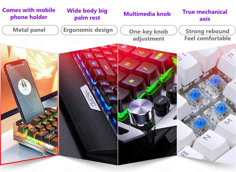 Silver Carving K100 black wired USB mechanical keyboard, 108 keys, metal body, seven-colour backlight, hand rest and phone holder.