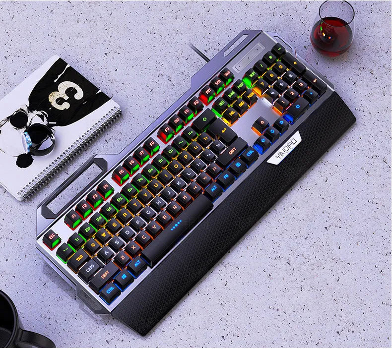 Silver Carving K100 black wired USB mechanical keyboard, 108 keys, metal body, seven-colour backlight, hand rest and phone holder.