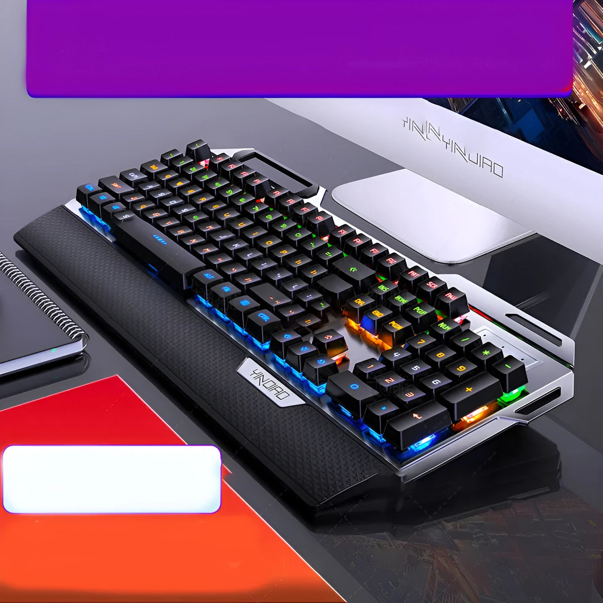 Silver Carving K100 black wired USB mechanical keyboard, 108 keys, metal body, seven-colour backlight, hand rest and phone holder.