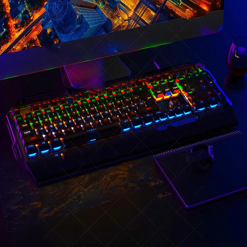 Silver Carving K100 black wired USB mechanical keyboard, 108 keys, metal body, seven-colour backlight, hand rest and phone holder.