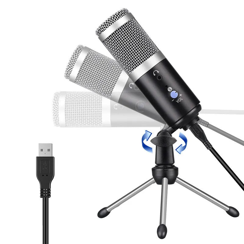 Wireless condenser microphone with bracket in black or silver grey, 20.5 cm x 13.5 cm x 5.5 cm, for podcast recording and live voice.