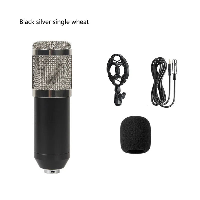 BM800 condenser microphone kit with shock mount, pop filter, and suspension bracket on a desk.