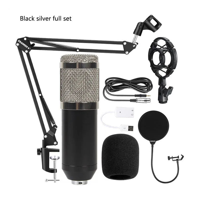 BM800 condenser microphone kit with shock mount, pop filter, and suspension bracket on a desk.