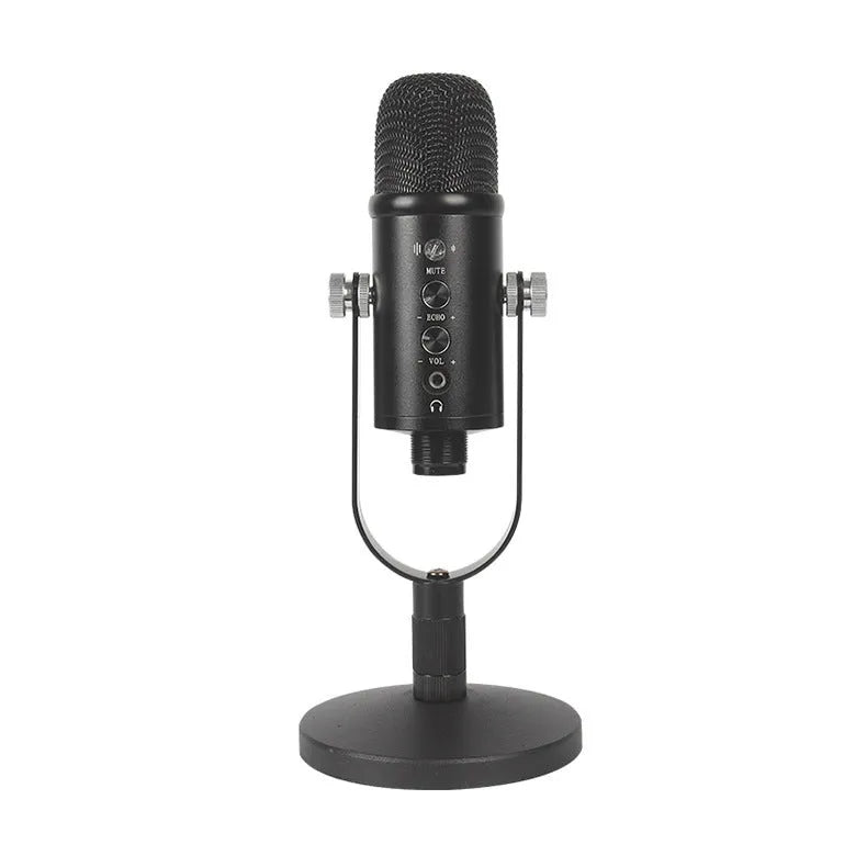 Black BM-86PRO USB condenser microphone on a metal stand with foam windscreen attached