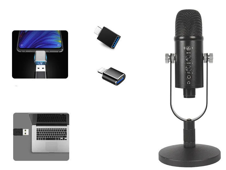 Black BM-86PRO USB condenser microphone on a metal stand with foam windscreen attached
