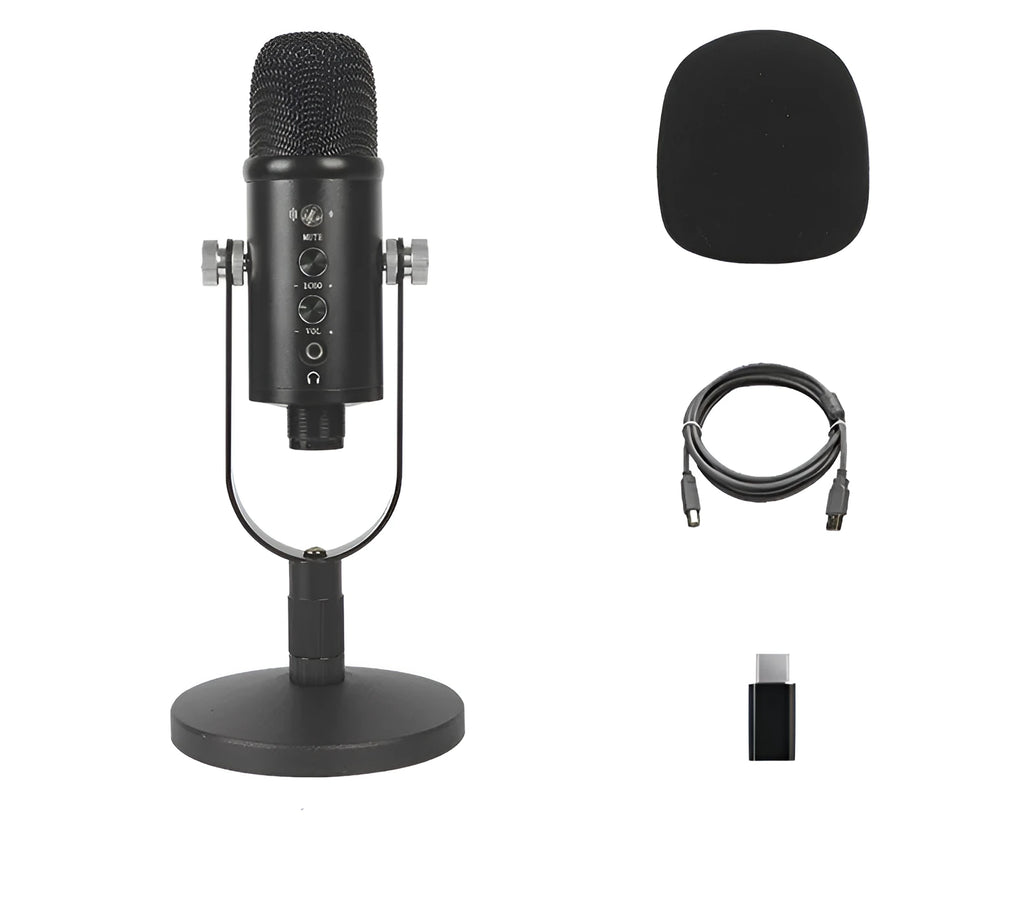 Black BM-86PRO USB condenser microphone on a metal stand with foam windscreen attached