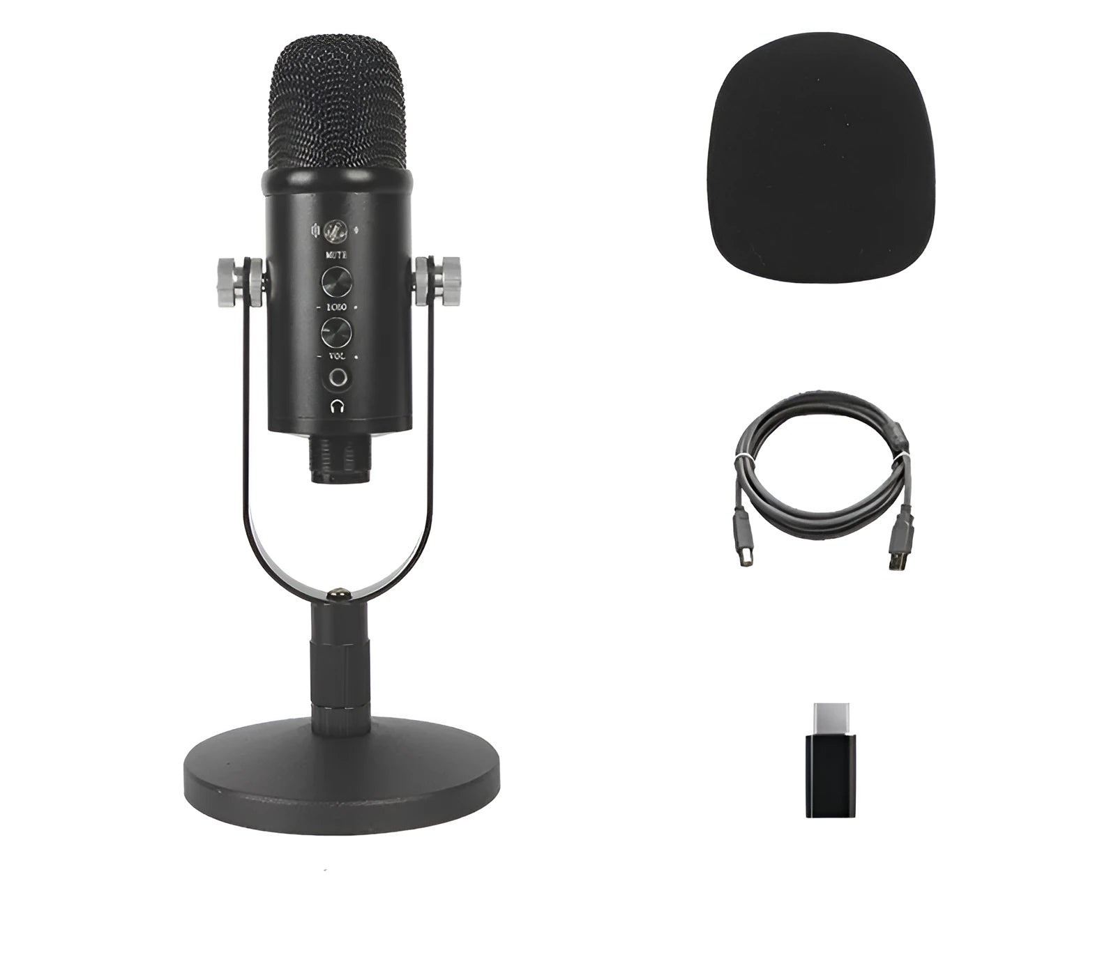 Black BM-86PRO USB condenser microphone on a metal stand with foam windscreen attached