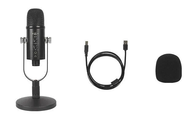 Black BM-86PRO USB condenser microphone on a metal stand with foam windscreen attached