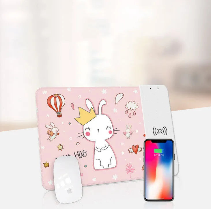 Cartoon-style wireless charging mouse pad with glowing RGB lights on a desk