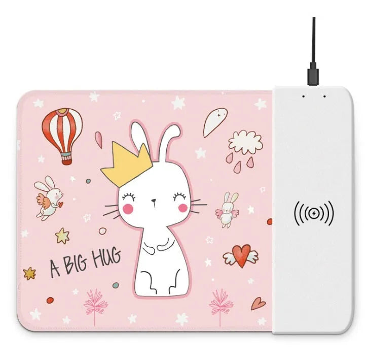 Cartoon-style wireless charging mouse pad with glowing RGB lights on a desk