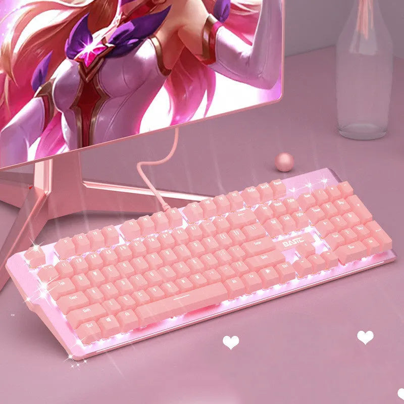 Pink coloured mechanical gaming keyboard and wired mouse set on a desk.