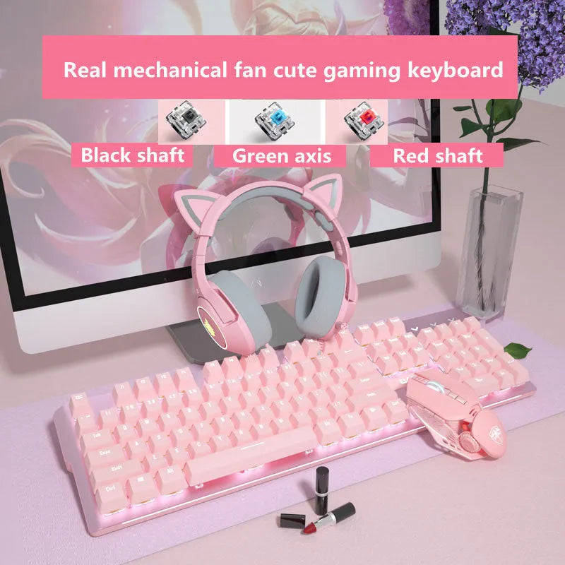 Pink coloured mechanical gaming keyboard and wired mouse set on a desk.