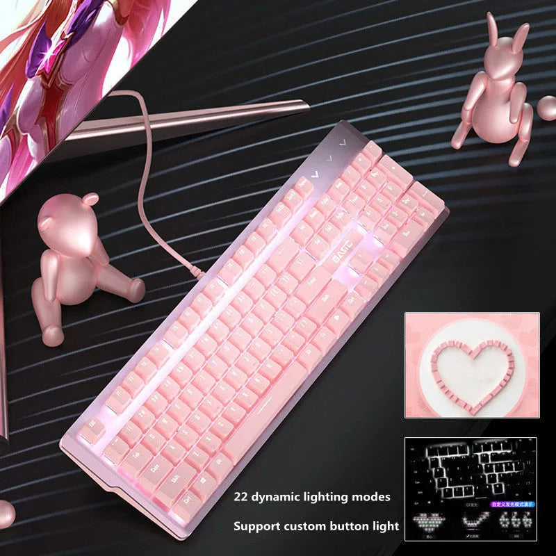 Pink coloured mechanical gaming keyboard and wired mouse set on a desk.