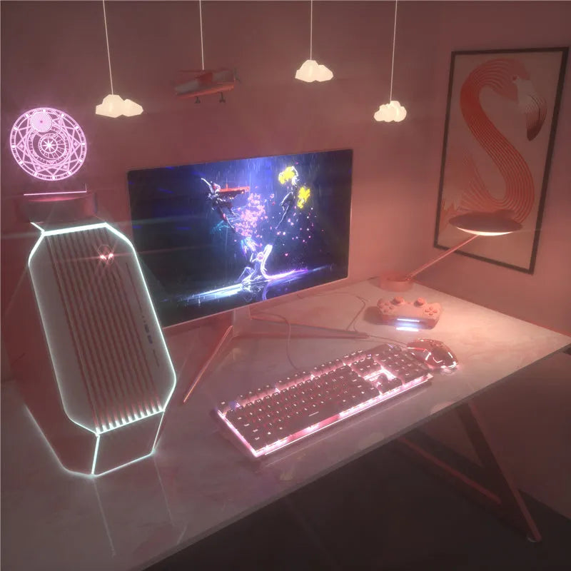 Pink coloured mechanical gaming keyboard and wired mouse set on a desk.