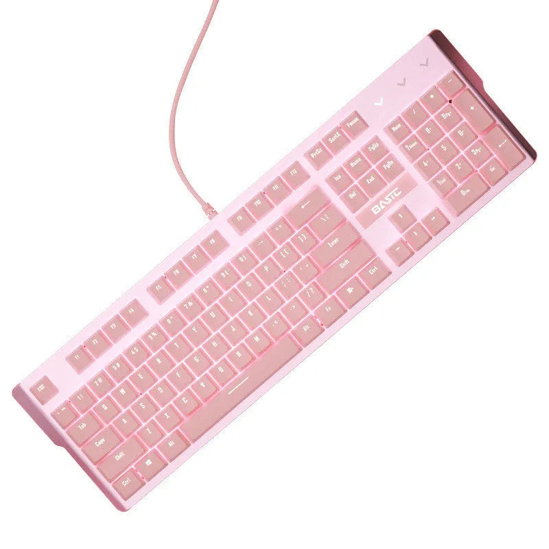 Pink coloured mechanical gaming keyboard and wired mouse set on a desk.