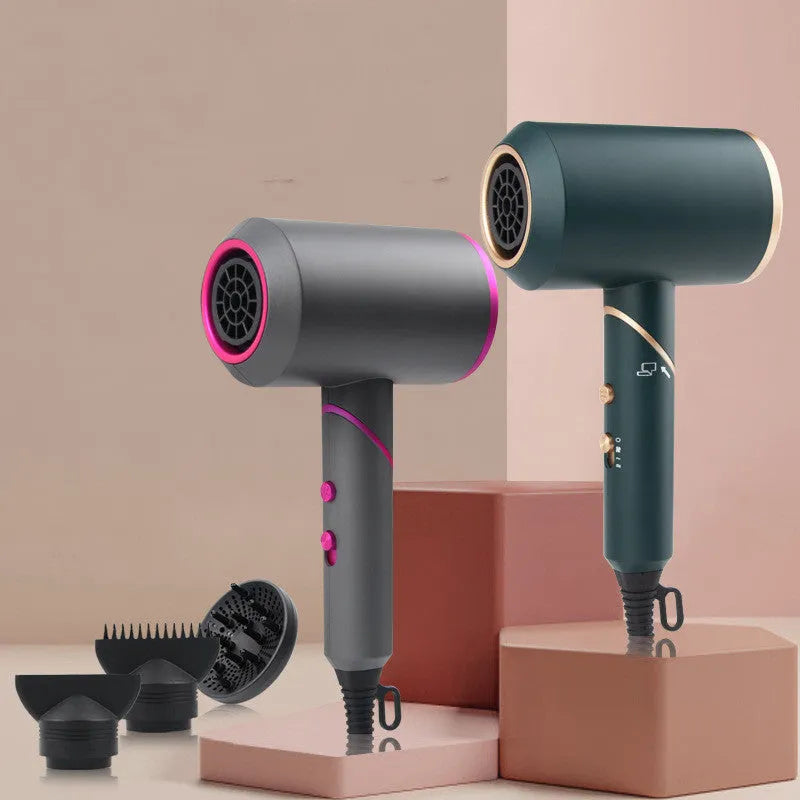 Foldable electric hair dryer with negative ion function, shown with concentrator and diffuser nozzles.