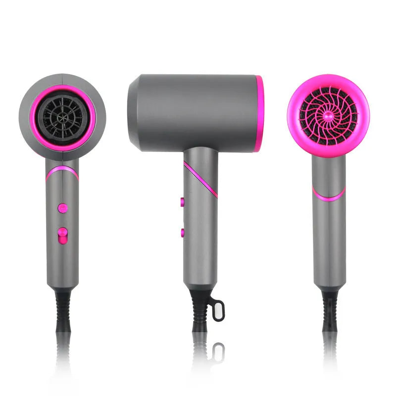 Foldable electric hair dryer with negative ion function, shown with concentrator and diffuser nozzles.