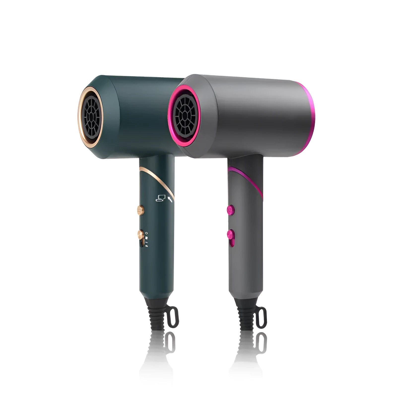 Foldable electric hair dryer with negative ion function, shown with concentrator and diffuser nozzles.