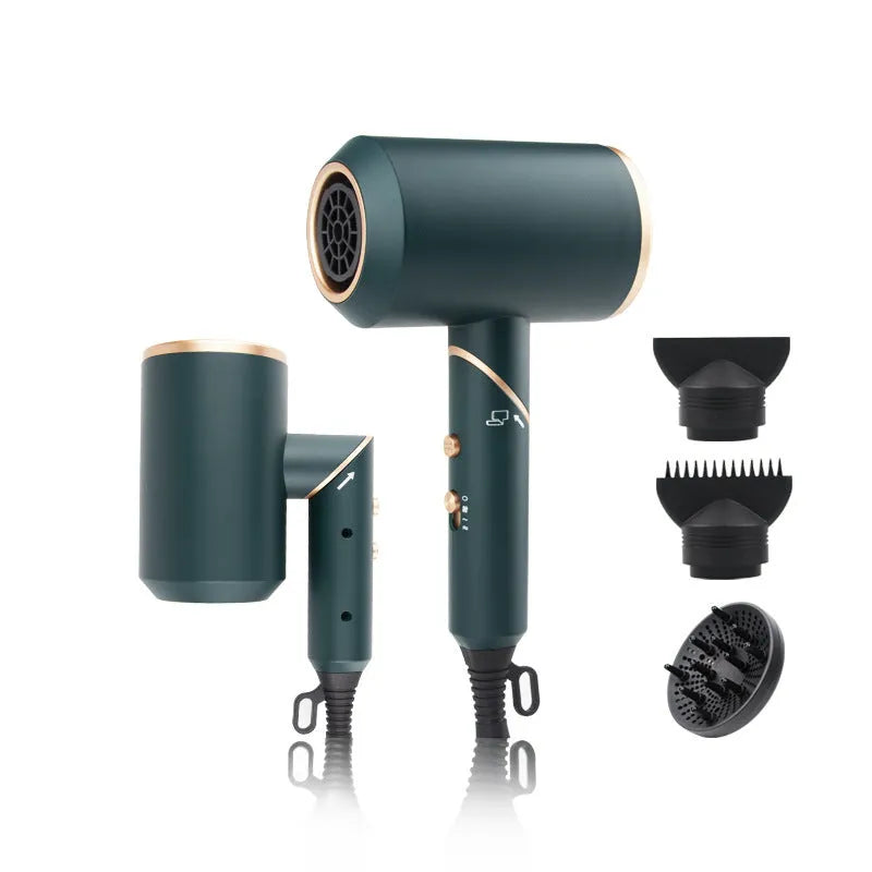 Foldable electric hair dryer with negative ion function, shown with concentrator and diffuser nozzles.