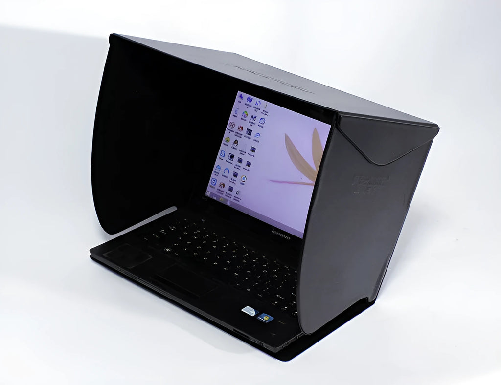 Black laptop sun hood folded flat showing PU outer and light-absorbing velvet inner lining